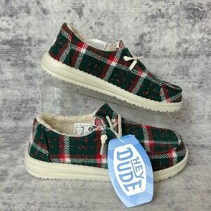 NIB No Lid Hey Dude Wendy Confetti Plaid Cozy Christmas Slip-On Red Green Size 6
